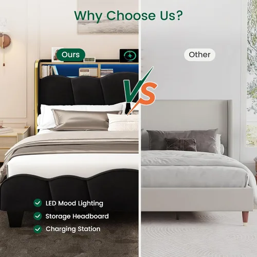 Vista 14 de LARMACE Base de cama tamaño King con luces LED y estación de carga, plataforma tapizada de terciopelo con cabecera de almacenamiento, no necesita