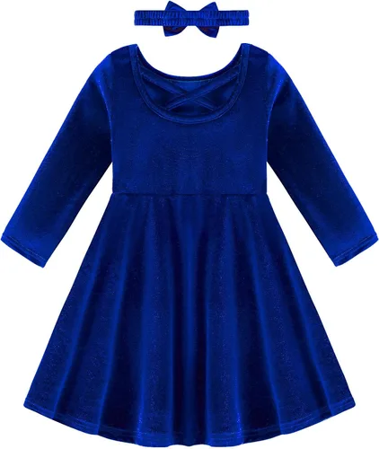 Vista 2 de Weixinbuy Toddler Girl Fall Winter Clothes Outfit Baby Girl Velvet Twirl Dress Long Sleeve Pocket Swing Party Dress for Girl