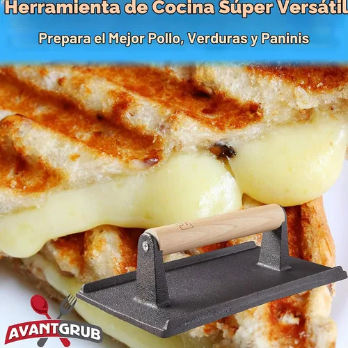 Vista 7 de Grado profesional, parrilla de hierro fundido pre-sazonado, peso 1 paquete. Prensa de carne y hamburguesa resistente con mango de madera
