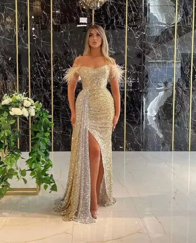 Vista 2 de ABCDRESS Vestidos largos de graduación de lentejuelas para mujer con hombros descubiertos vestido formal de sirena para invitados de boda ABCD1010