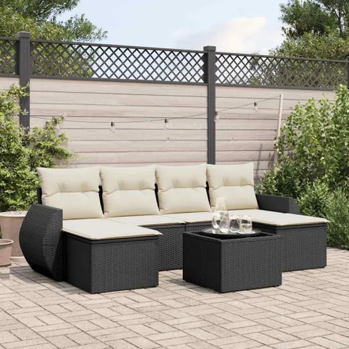 Vista 4 de 6-Piece Garden Sofa Set in Black and Cream White, Modern Outdoor Furniture with PE Rattan and Removable Cushions, Water-Resistant Patio Seating for
