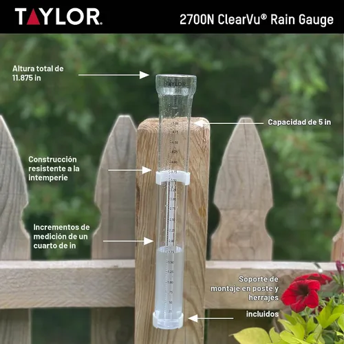 Vista 2 de Taylor ClearVu - Medidor de lluvia de 5 pulgadas con soporte de montaje de poste Transparente 2