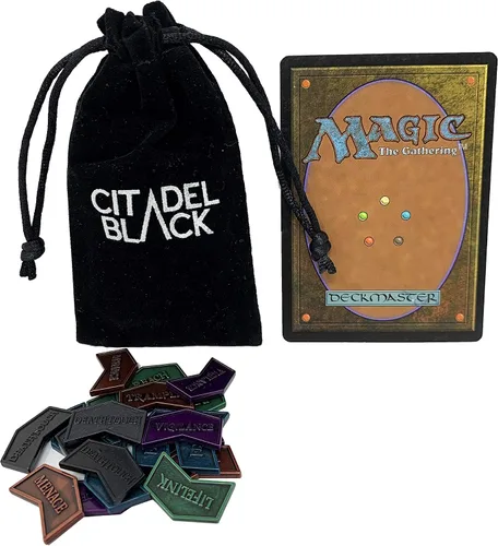 Vista 7 de Citadel Black MTG - Contadores de palabras clave de metal, juego de 24 fichas reversibles, incluye bolsa de cordón, acabado de metal antiguo