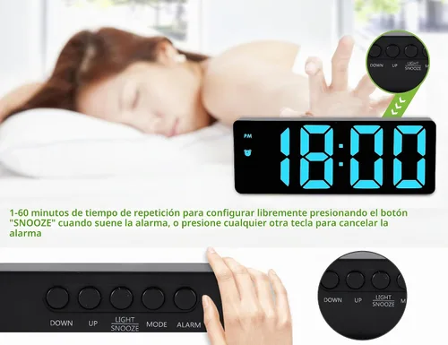Vista 6 de Reloj Despertador Digital para Dormitorio, Relojes Electrónicos LED con Superficie de Espejo, Brillo Ajustable, Modo Snooze, Control de Voz Caso