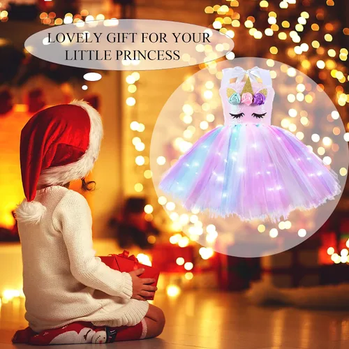 Vista 2 de Vestido de unicornio para niñas de 3 a 8 años con diadema, tutú iluminado con lentejuelas, disfraz de fiesta de unicornio, vestido de princesa