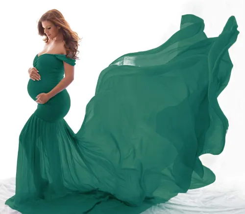 Vista 2 de Vestido de maternidad con hombros descubiertos para mujer, vestido de gasa de sirena, maxi vestido de fotografía para sesión de fotos, baby shower