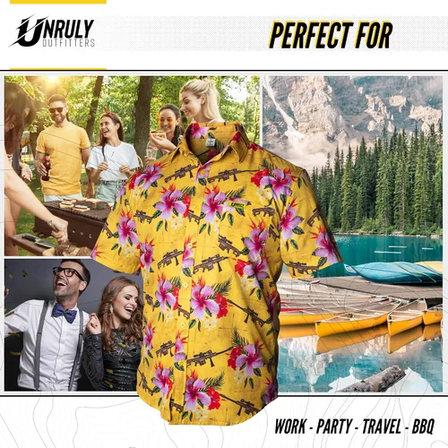 Vista 6 de Unruly Outfitters - Camisa hawaiana novedosa para hombre, rifles de francotirador y flores para el trabajo, fiesta, barbacoa