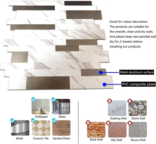 Vista 3 de 10 calcomanías de pared de mosaico de metal de PVC, mármol blanco Mármol blanco+gris esmerilado-2