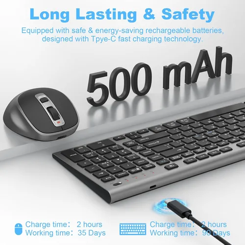 Vista 3 de FENIFOX - Teclado y mouse inalámbricos recargables, con teclado numérico, color gris Quiet Silent, Slim Thin Flat Low Profile Soft Key, USB C