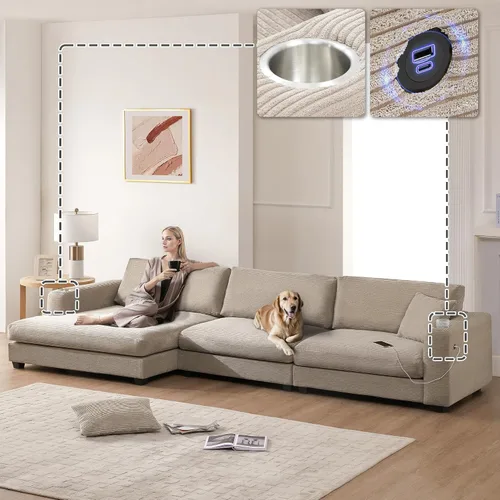 Vista 15 de Sofá modular de gran tamaño con otomana, lujoso juego de sofá modular en forma de L, sofá modular reversible de 7 plazas para sala de estar y beige