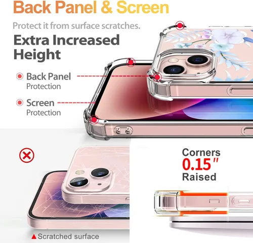 Vista 5 de Funda diseñada para iPhone 13 con protector de pantalla con patrón de flores, funda transparente para mujer, a prueba de golpes, funda protectora