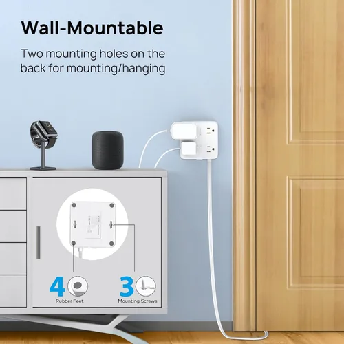 Vista 6 de TROND Regleta protectora de sobretensiones con puertos USB, cable de extensión de enchufe plano de 10 pies con múltiples tomas, 1440J, montaje