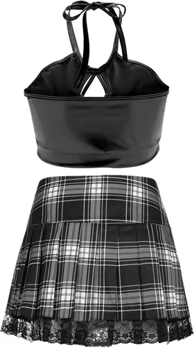 Vista 2 de 2 Piece School Girl Outfit Costume For Women Rave Outfit Halter Top Lace Plaid Skirt Set For Women Club Cosplay