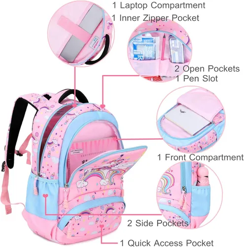 Vista 4 de Mochila escolar para niñas 3 en 1, bonita mochila ligera para niños de preescolar y jardín de infantes y primaria, talla única , Mochilas Daypack
