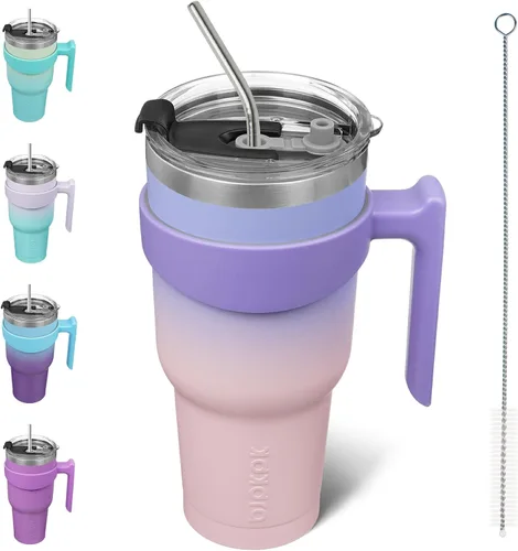 Vista 69 de BJPKPK Mini vaso de 10 onzas con tapa, popote y asa, taza de acero aislada