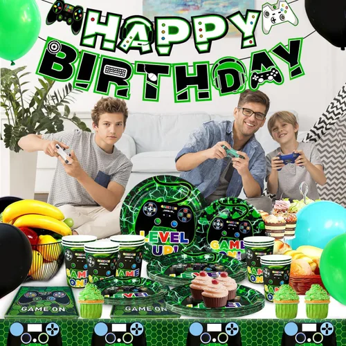 Vista 3 de Vajilla de fiesta de cumpleaños para 16 invitados, platos de videojuegos y servilletas, suministros para fiestas, incluye platos de fiesta
