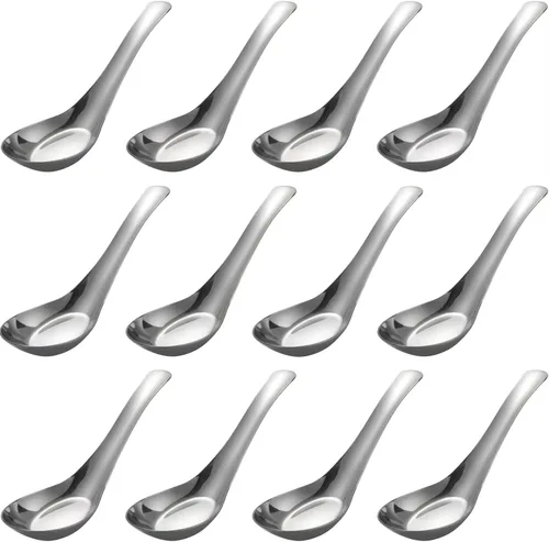 Vista 3 de Cucharas de sopa de acero inoxidable, juego de 12 cucharas de sopa china, cuchara de caldo plateada, pulido con espejo