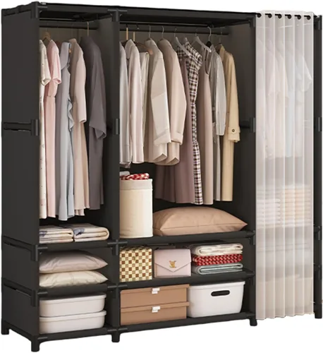 Vista 12 de Armario portátil para colgar ropa, armario de estilo japonés, perchero con 1 varillas para colgar, 2 estantes de almacenamiento, 27.5 pulgadas