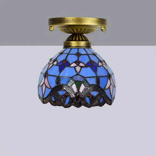 Vista 6 de Tiffany - Lámpara de techo estilo vitral, mini lámpara de techo, 1 luz, montaje empotrado de 8 pulgadas para hotel, pasillo, balcón, cocina Azul