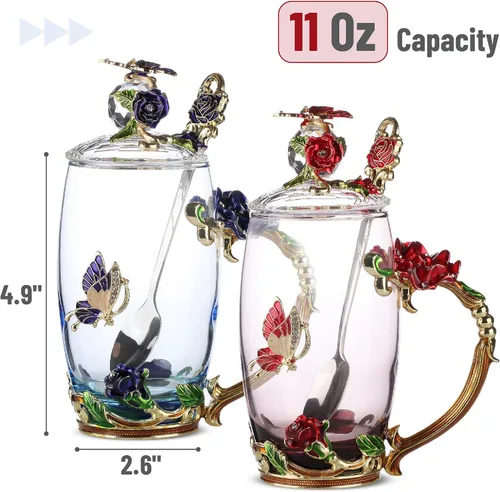 Vista 3 de BTAT - Juego de tazas de té de vidrio floral con cuchara y tapa, paquete de 2, 11 onzas, azul y rojo, diseño de mariposa y flor con caja de regalo