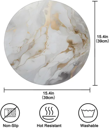 Vista 2 de White Gold Marble Pattern Round Place Mats Set of 1, Heat Resistant Washable Placemats Polyester Round Table Mats for Kitchen Home Decor Holiday