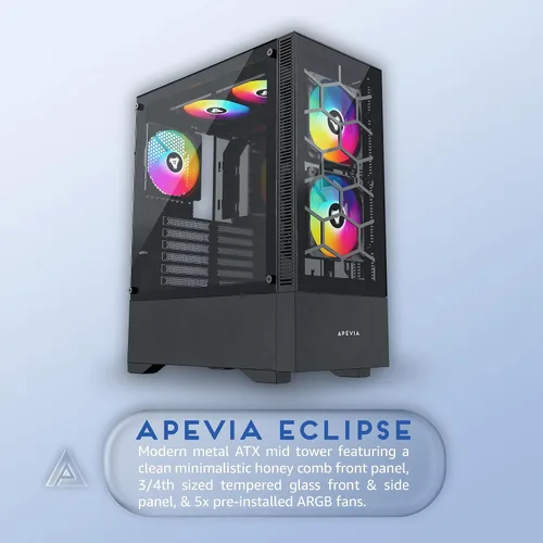 Vista 2 de Apevia Eclipse-BK Eclipse Carcasa de PC de Torre Media para Juegos con 5 Ventiladores ARGB de 120mm, 366 Modos de Luz RGB, Diseño Minimalista