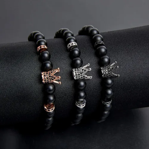 Vista 7 de KAMRESH - Juego de pulseras de cuentas negras mate de 8mm con piedras de ónix y abalorios de corona para mujer y hombre