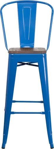 Vista 5 de Merrick Lane Donnely Taburete de comedor, taburete de altura de mostrador, marco de metal en acabado azul, asiento de madera texturizada, respaldo
