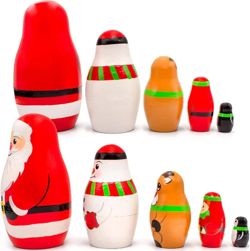 Vista 2 de AEVVV Muñecas de anidación rusas de Navidad, 5 piezas, muñeca rusa decoraciones de Navidad, Papá Noel, muñeco de nieve, ciervo, elfo, pingüino
