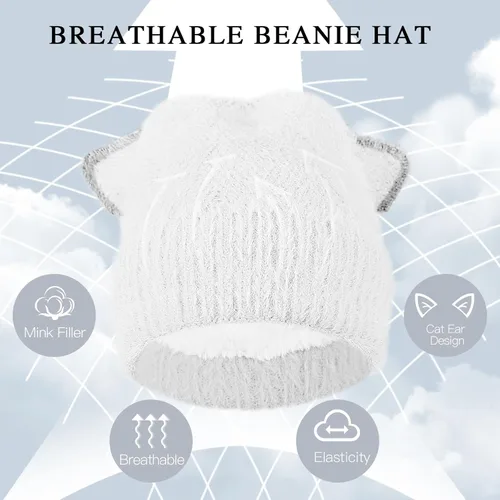 Vista 5 de Gorro de punto de invierno para mujer, guantes para pantalla táctil, bufandas, cálido y suave, con orejas de gato, gorras de calavera, bufandas