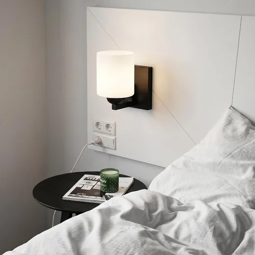 Vista 6 de mirrea Lámpara de tocador negra de 1 luz para espejo, aplique de pared de baño con pantallas de vidrio blanco esmerilado