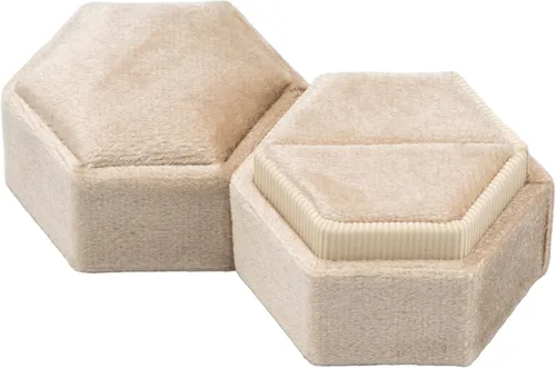 Vista 3 de Equal - Caja hexagonal de terciopelo para compromiso, propuesta de boda, caja de regalo de joyería, caja de embalaje de joyería (beige)