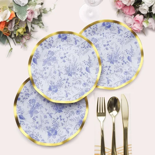 Vista 5 de Efavormart - Paquete de 25 platos de postre de papel chino chino azul y blanco con borde ondulado dorado de 11.32 oz/m² para recepciones y fiestas