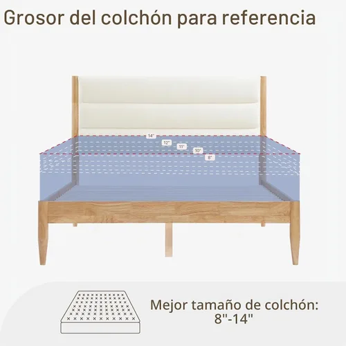 Vista 7 de KISLOT Marco de cama de madera con cabecero tapizado, base de plataforma para colchón, soporte de listones de madera resistente, no necesita somier