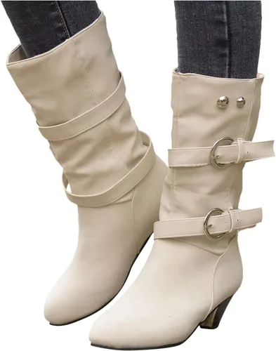 Vista 3 de SuanlaTDS Tall Wide Calf Boots for Women Heel Mid Round Boots Heel Cowboy Toe Vintage Velvet Shoes Buckle Women's Plus Women's Boots (Beige, 8)