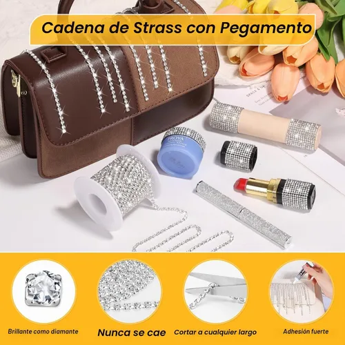 Vista 2 de Cadena de cierre de diamantes de imitación de cristal con pegamento de joyería B7000, 11 yardas de 0.157 in de plata con cuentas transparentes
