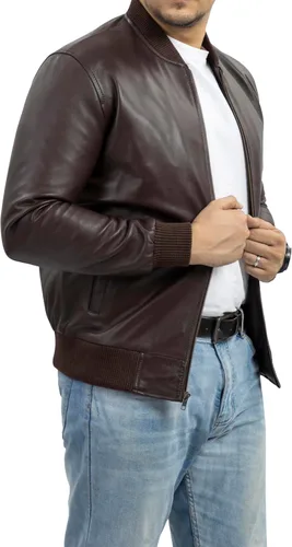 Vista 10 de Jild Varsity Style Leather Bomber Jacket Men - Chaqueta de cuero de gamuza real de moda casual MA-1 para hombre