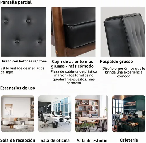 Vista 7 de STHOUYN Sillas decorativas de cuero negro, sillas de sala de espera con brazos de madera, silla con brazo para invitados de oficina, silla moderna
