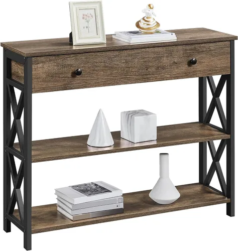 Vista 12 de Yaheetech - Consola con cajón, mesa de entrada con 3 repisas de almacenamiento, mesa estrecha larga para entrada, sala de estar, pasillo, sofá, Gris