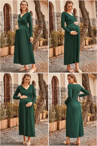 Vista 4 de OUGES Vestido largo de manga larga con cuello en V para mujer, con bolsillos, ropa de maternidad, vestidos de lactancia