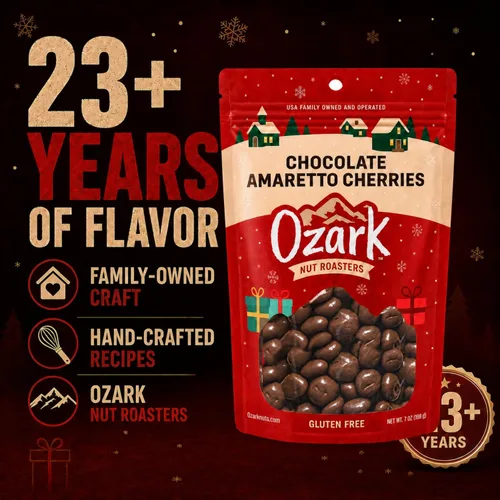 Vista 3 de OZARK NUT ROASTERS: Cerezas de chocolate y amaretto, embalaje festivo de Navidad de temporada, cerezas recubiertas de chocolate con leche gourmet