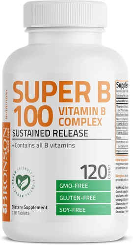 Vista 5 de Bronson Super B100 Complejo de Vitamina B de liberación sostenida contiene todas las vitaminas B (vitamina B1, B2, B3, B6, B9 - ácido fólico, B12)