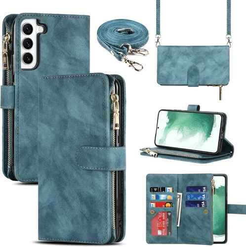 Vista 22 de Cavor Funda tipo cartera cruzada para Samsung Galaxy S22 Plus, color negro Funda de cuero con cierre magnético con cremallera y función atril TPU