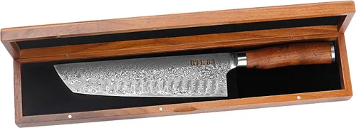 Vista 3 de Route83 Signature Kamo Texas Cuchillo de chef hecho a mano martillado Damasco nogal americano