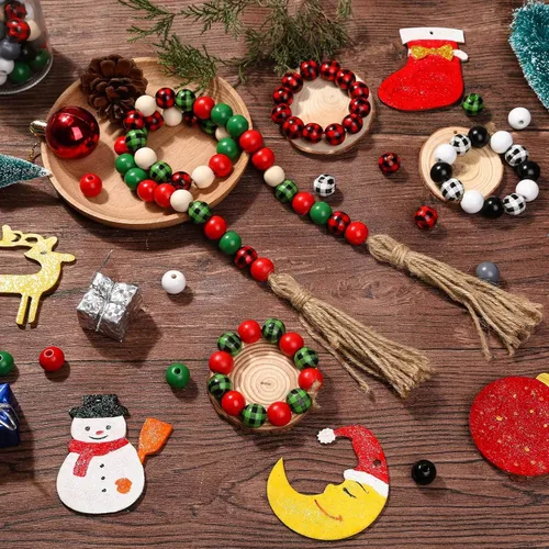 Vista 4 de Modacraft 300 cuentas de madera de Navidad para manualidades, cuentas de madera a cuadros de búfalo de 0.63 pulgadas con cuerda de cáñamo de 65 pies