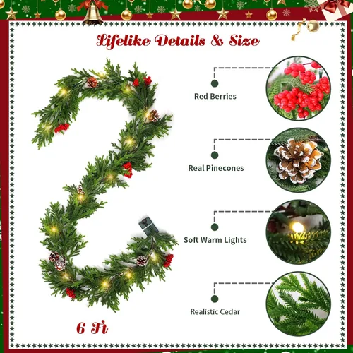 Vista 3 de Guirnalda de Navidad preiluminada de 6 pies con luces, guirnalda de cedro realista con bayas rojas, cono de pino artificial de tacto real, guirnalda