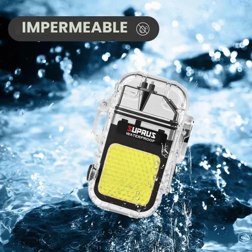 Vista 4 de SUPRUS Mechero impermeable de 3 modos de linterna, encendedor resistente al viento, eléctrico de arco doble recargable, encendedor de plasma de arco