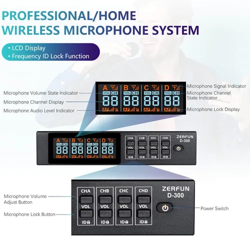 Vista 3 de Sistema de micrófono inalámbrico recargable de 4 canales Pro, micrófonos inalámbricos de mano UHF con control VOL Echo Treble BASS, pantalla LCD