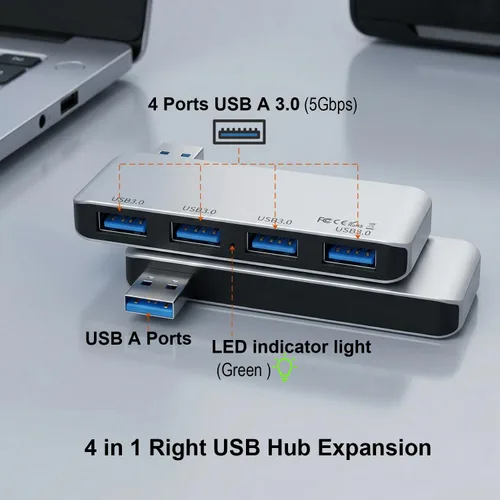 Vista 2 de Hub USB 3.0 del lado derecho, divisor USB sin cable de 4 puertos para laptop, diseño de enchufe directo, compatible con MacBook, portátiles