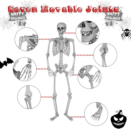 Vista 5 de Esqueleto de tamaño real para decoración de Halloween, esqueleto de Halloween de 5.4 pies, esqueleto colgante con articulaciones móviles, huesos